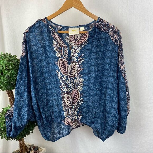Anthropologie Maeve Blue Print Peasant Boho Long Sleeve Blouse Top S - Picture 2 of 5